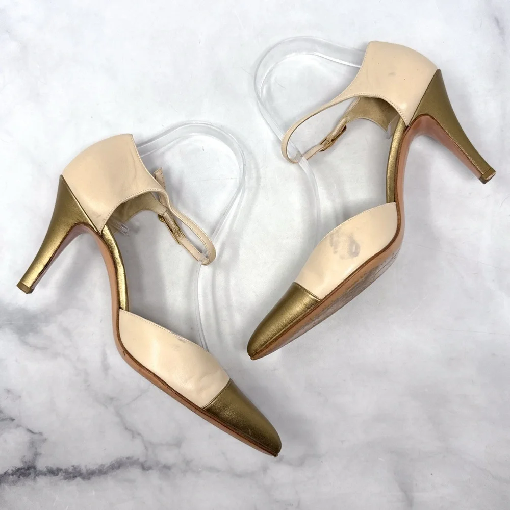 CHANEL CC Vintage 90s Y2K leather Cap Toe Mid Height Heels Pumps Gold Retro 38
